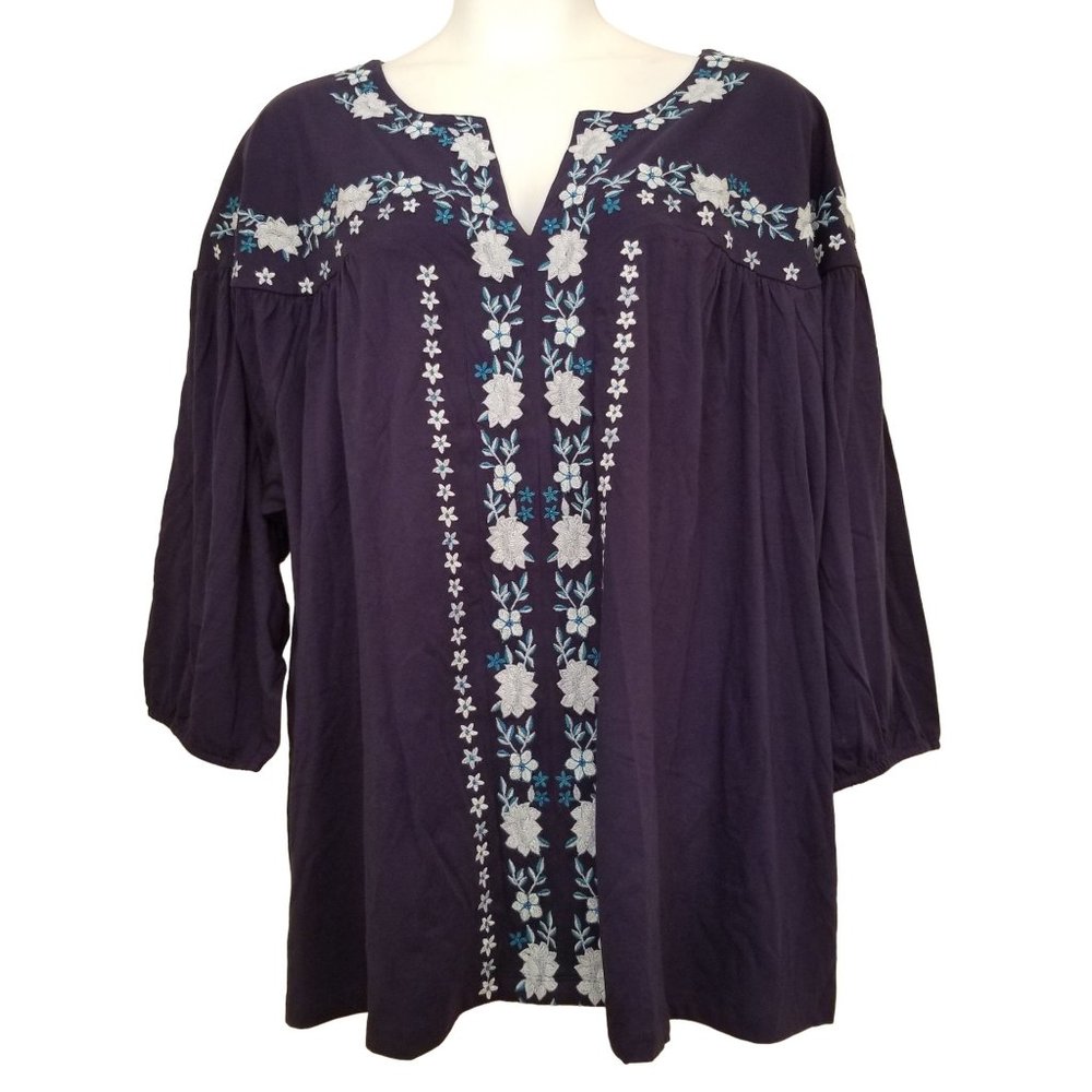 Roamans 4X Blue Floral Embroidered Notch V Neck Top 34 36W